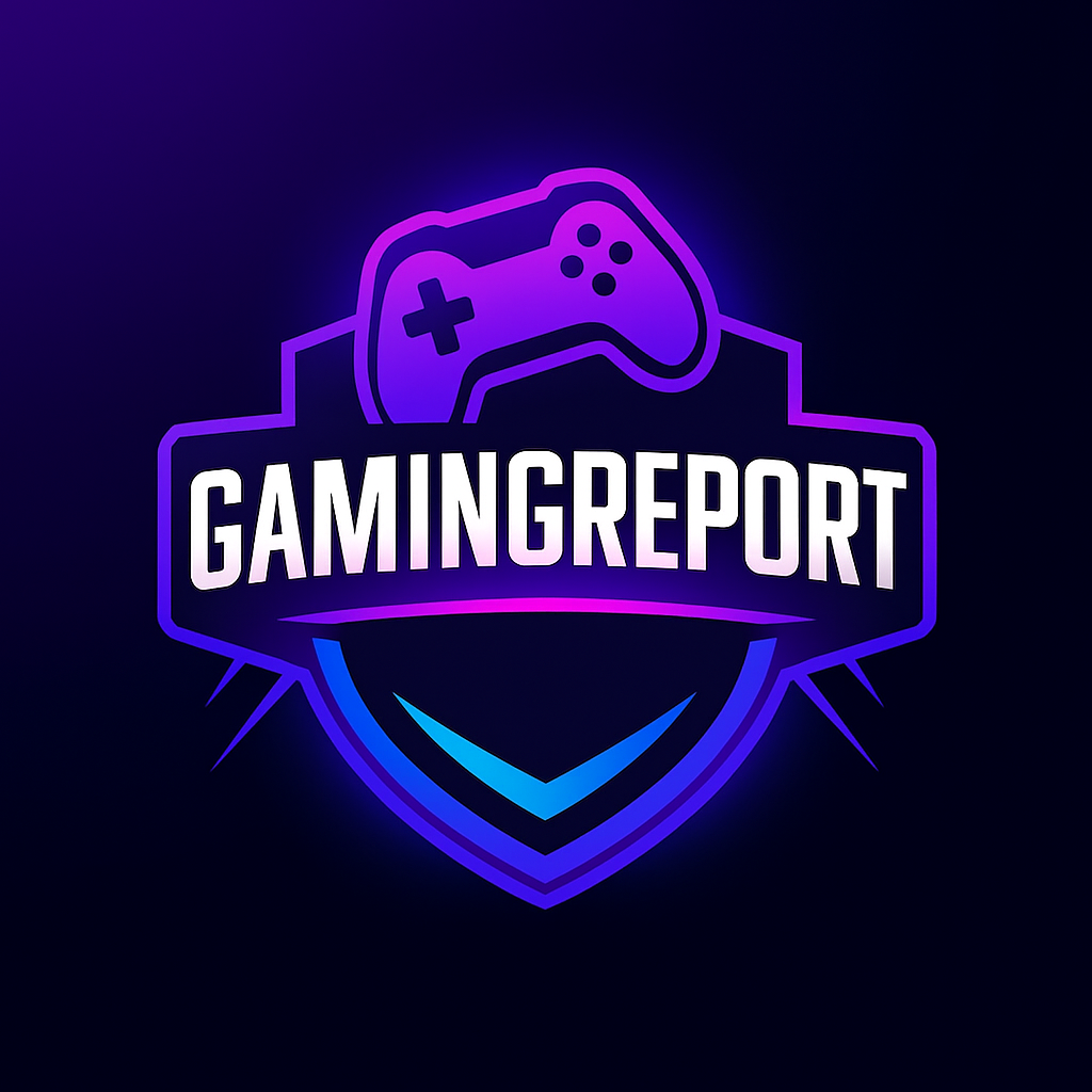 GamingReport logo with controller, text on shield in purple and blue gradient.