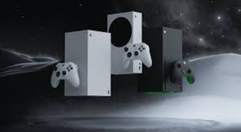Three Xbox consoles and controllers floating against a space-like background. White and black colors.