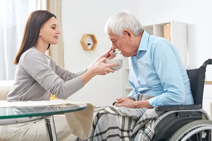 Young woman feeding an older person in a wheelchair, indoors. 