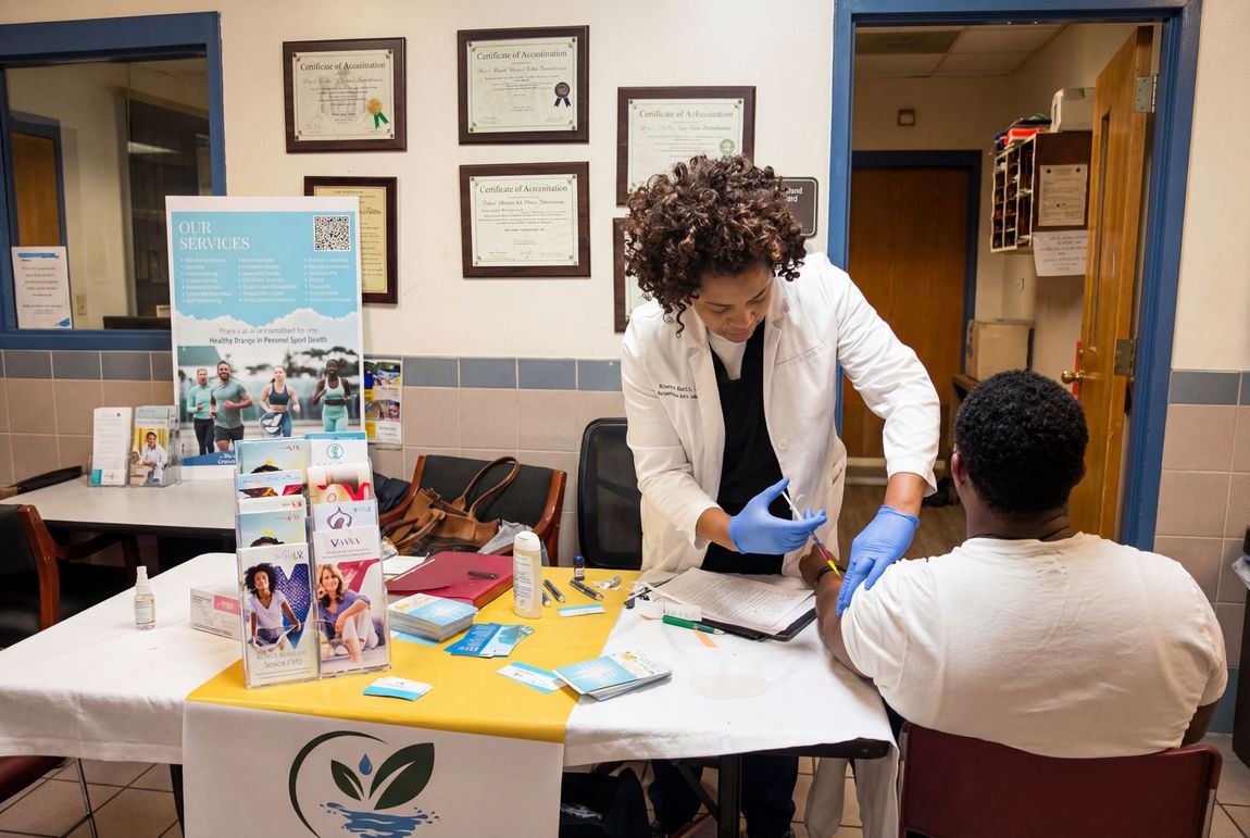 A man is getting an injection from a female doctor