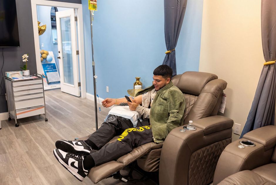 A person in a recliner chair receives intravenous therapy, looking at their phone in a medical or wellness clinic room.
