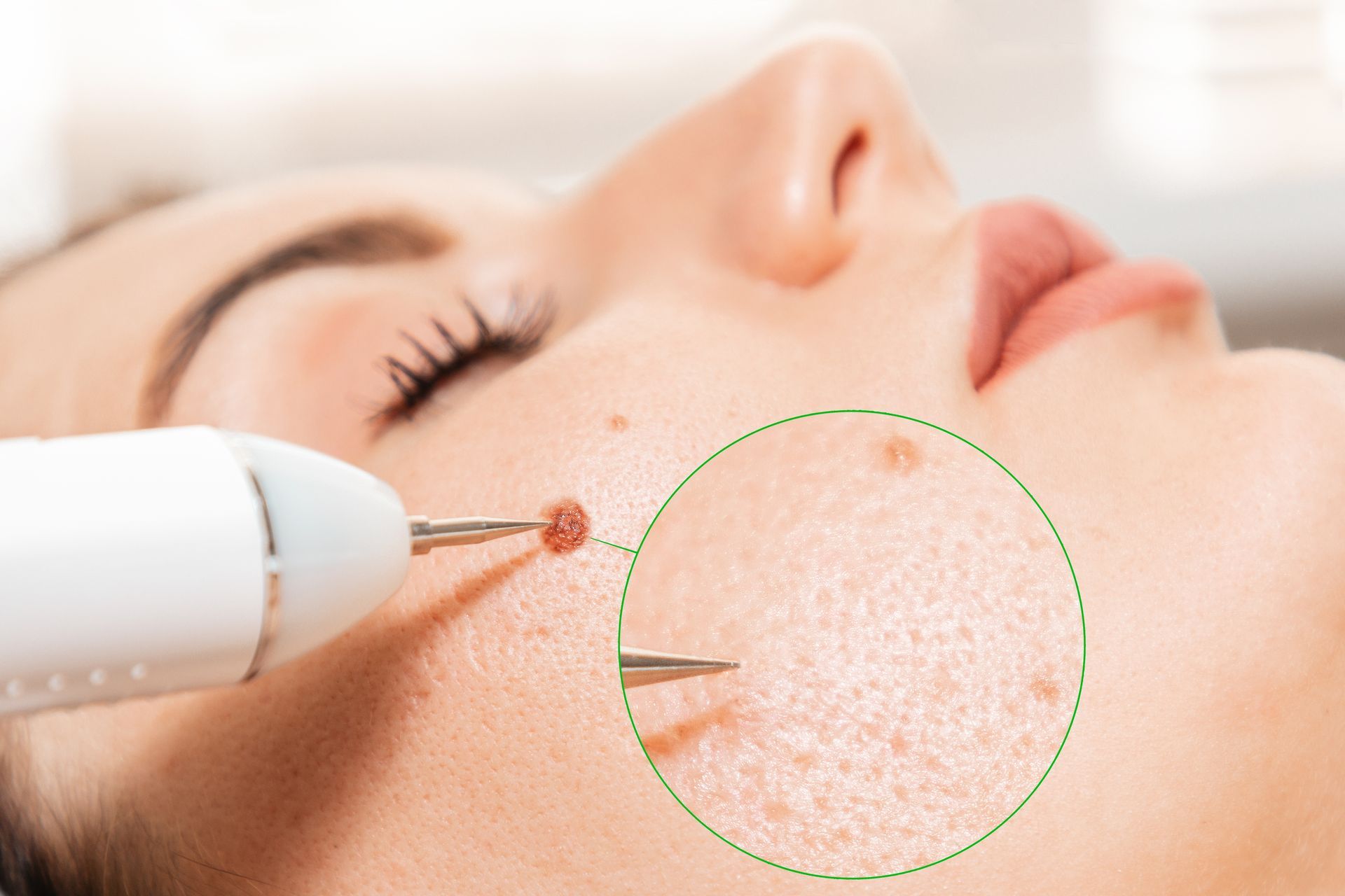 A woman is getting a laser treatment on her face.