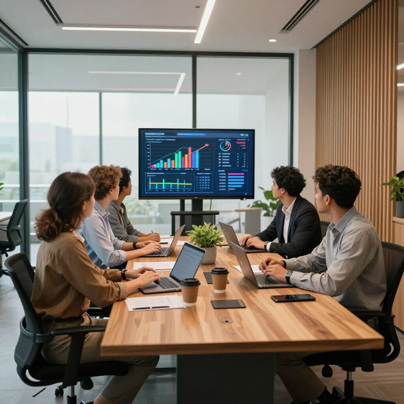 Team meeting in a glass conference room, viewing a dashboard on a large screen.