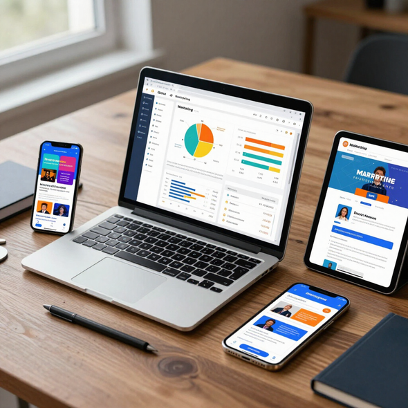 Workspace with laptop dashboard, two smartphones showing apps, stylus, and tablet on a wooden desk