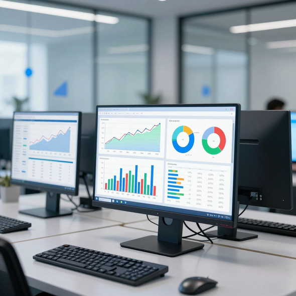 Modern office desks with dual monitors showing charts and analytics dashboards