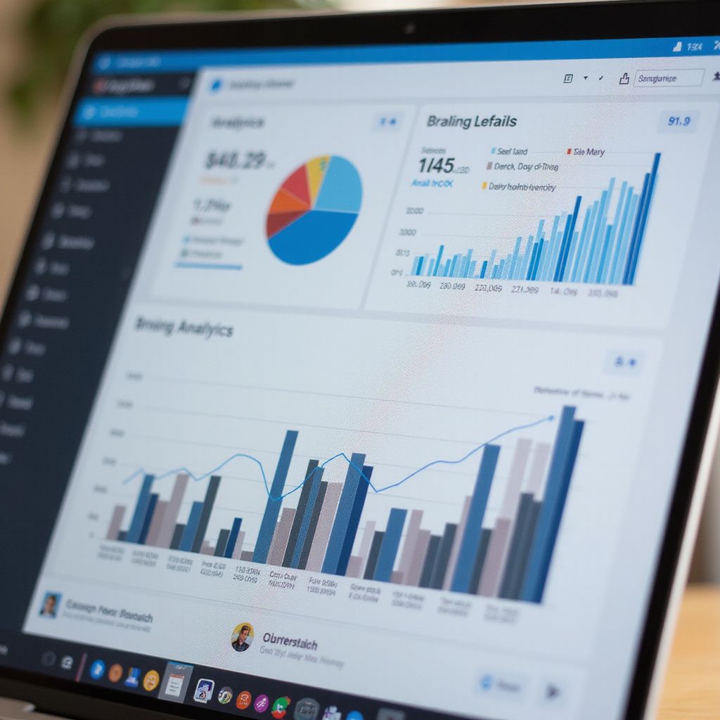Analytics dashboard with blue bar and pie charts on a laptop screen
