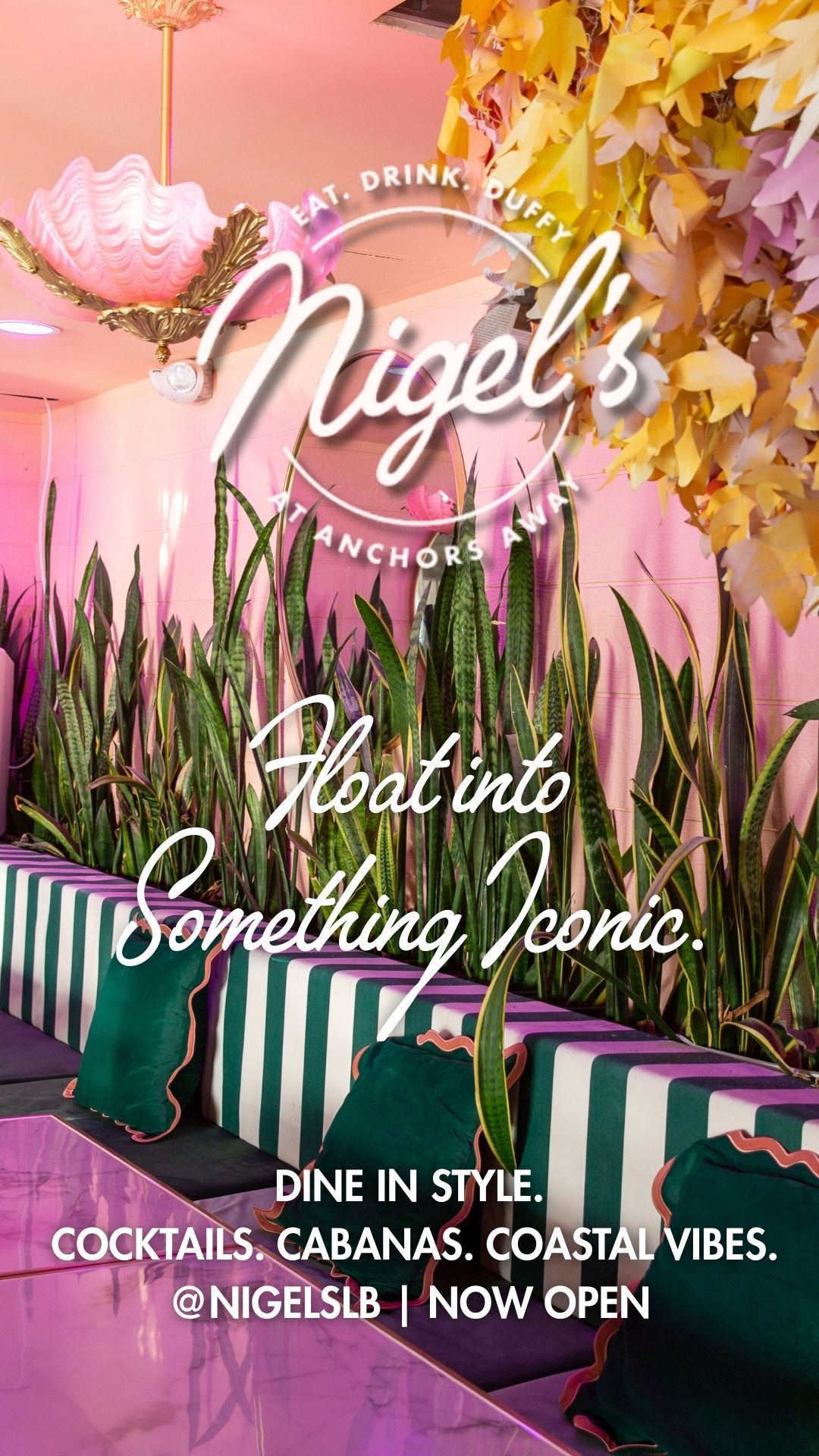 Pink floral storefront sign for Nigel’s, with text “Float into something exotic” and “Now open.”