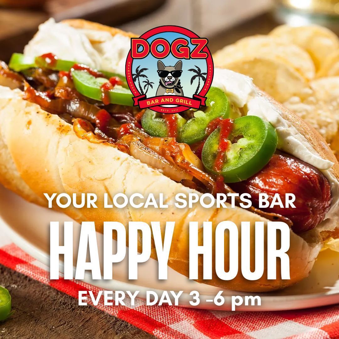 Hot dog with peppers and sauce at DOGZ sports bar, happy hour every day 3–6 pm