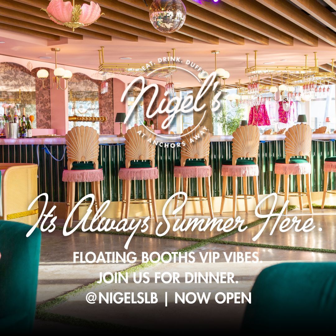 Pink tropical restaurant interior with green booths and bar seating, overlaid with “It’s Always Summer Here” text.
