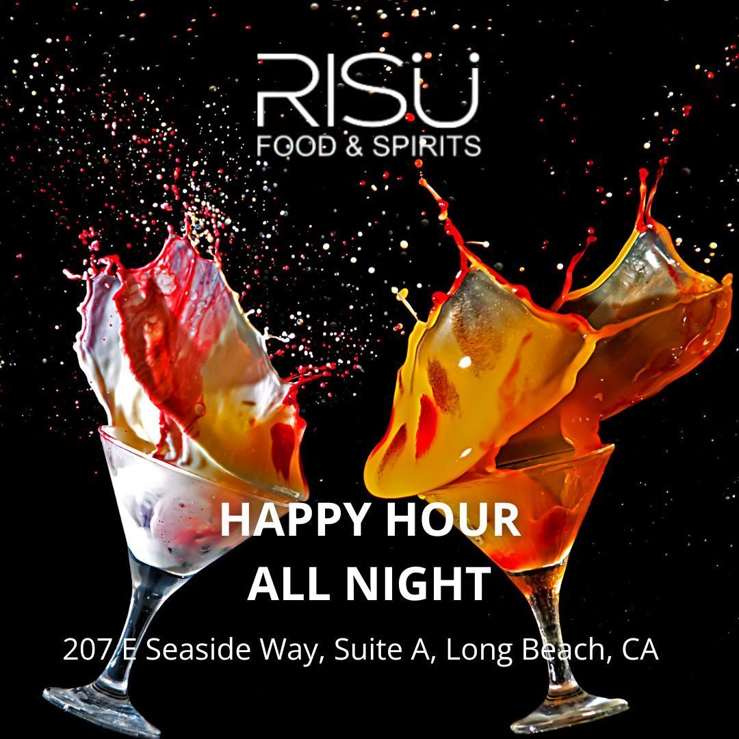 RISU Food & Spirits happy hour ad with two colorful cocktails and splashing drinks on a black background