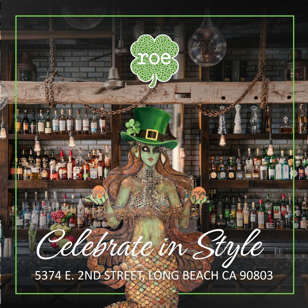 Halloween-themed storefront ad with green witch in a bar, “Celebrate in Style,” and Long Beach address