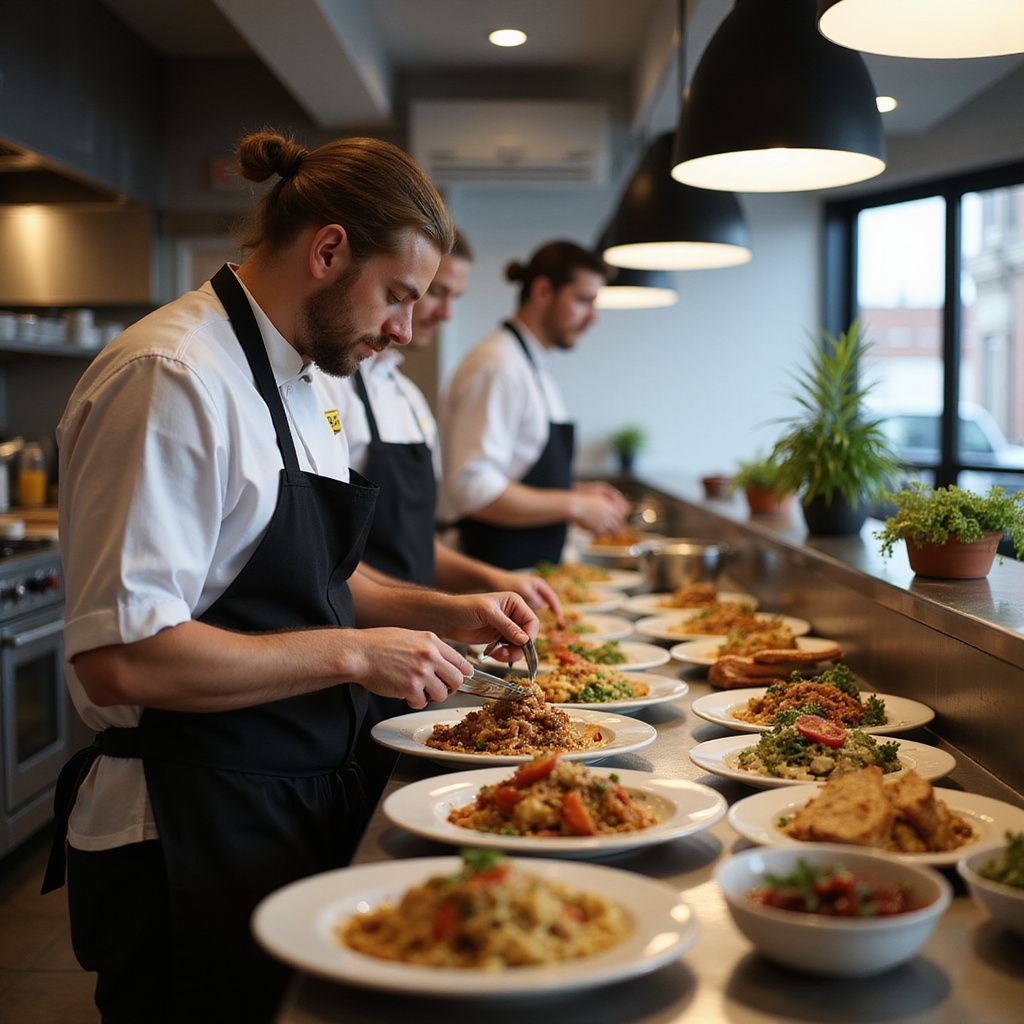 Chefs plating dishes along a restaurant kitchen counter with warm pendant lights and fresh herbs
