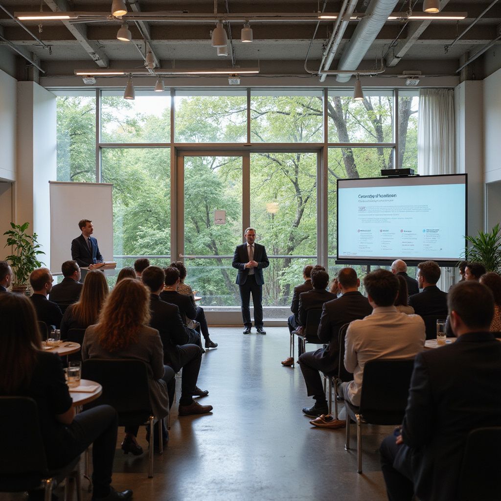 Business presentation in a bright conference room with seated audience and speaker beside a projected slide.