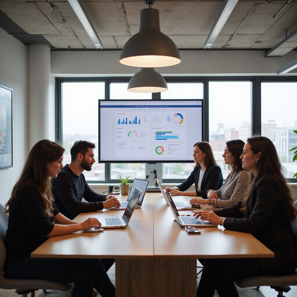 Team meeting in a modern office, with six people working on laptops around a conference table.