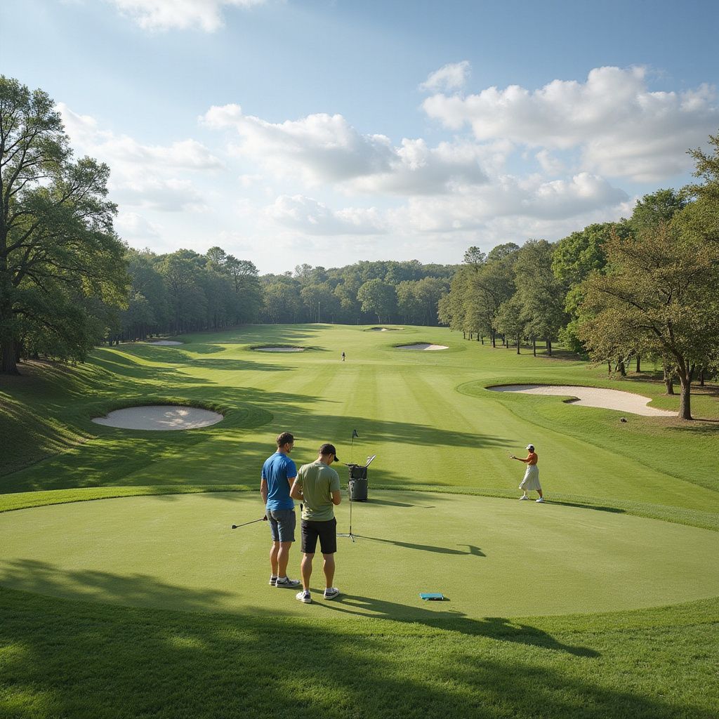 Golfers on a sunny green fairway, with bunkers, trees, and a cloud-filled sky.