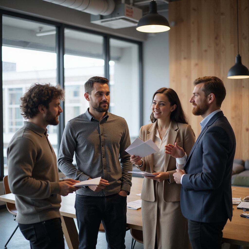 Four coworkers stand in an office, chatting and holding papers during a discussion.