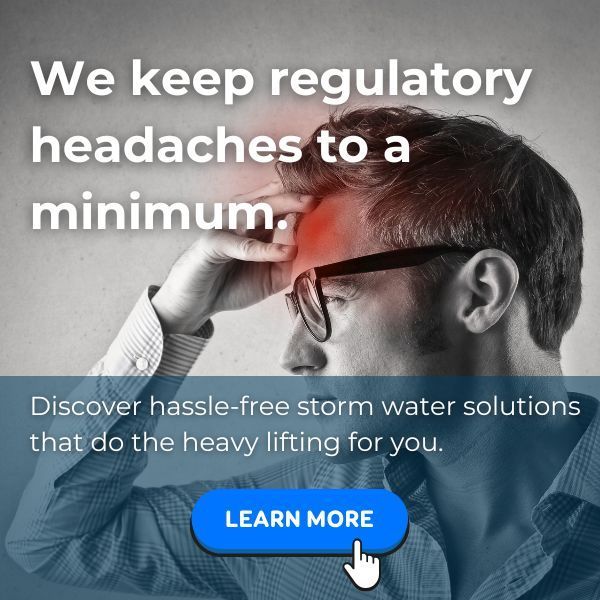 Man holding his head beside text promoting hassle-free storm water solutions and a “Learn More” button