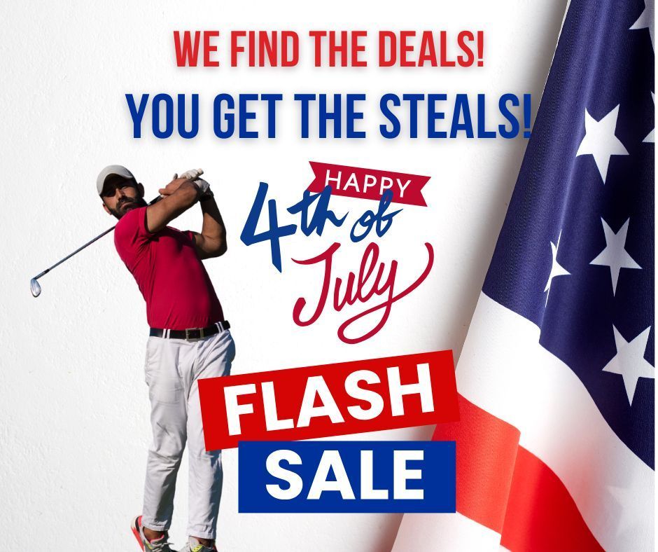 Golfer on white background with patriotic 4th of July flash sale text and U.S. flag