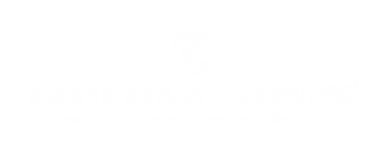 Logo Caribbean Express é branco, com um globo na parte superior e escrito na parte inferior