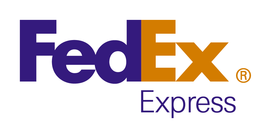 Logo Fedex é roxo e amarelo, apenas com texto.