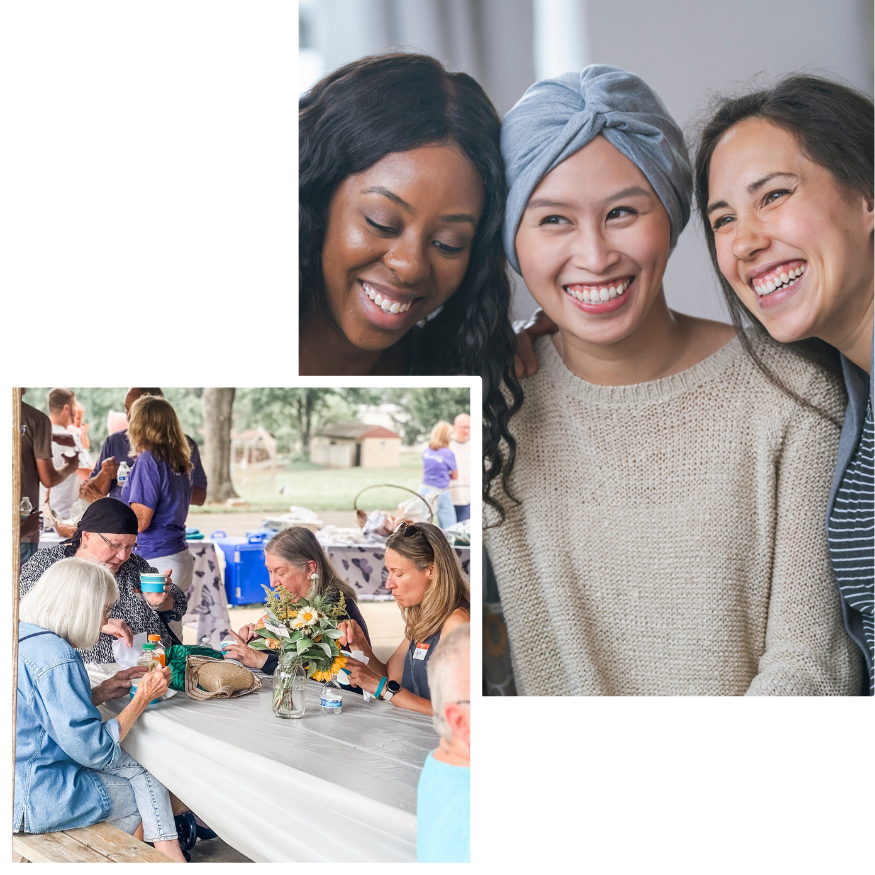 People smiling and interacting at an outdoor event and indoors; joy and support.