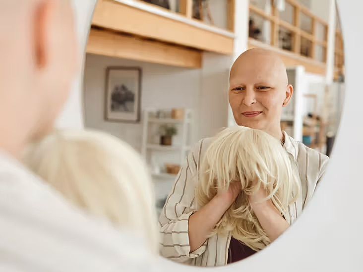 Bald person smiles at reflection in mirror, holding a blonde wig. Indoors, well-lit.