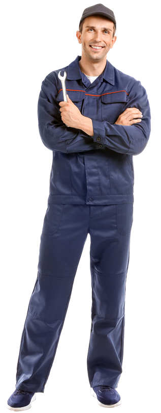 Smiling mechanic in blue coveralls standing with arms crossed on a white background