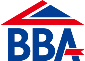 A logo for bba with a red white and blue roof