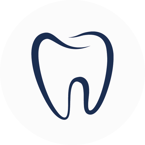 En stilisert, mørkeblå tannomriss inni en hvit sirkel; tannpleiesymbol.