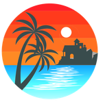 A sunset with a palm tree and a house in the background