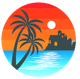 A sunset with a palm tree and a house in the background