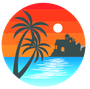 A sunset with a palm tree and a house in the background