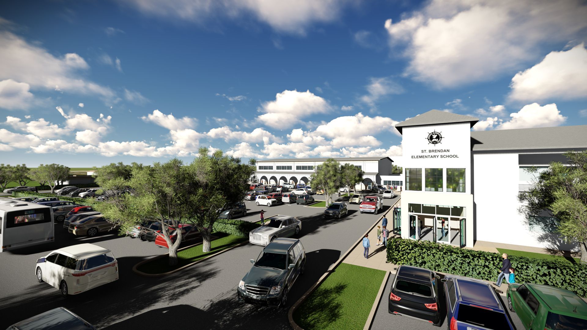 An artist 's impression of a parking lot with a building in the background