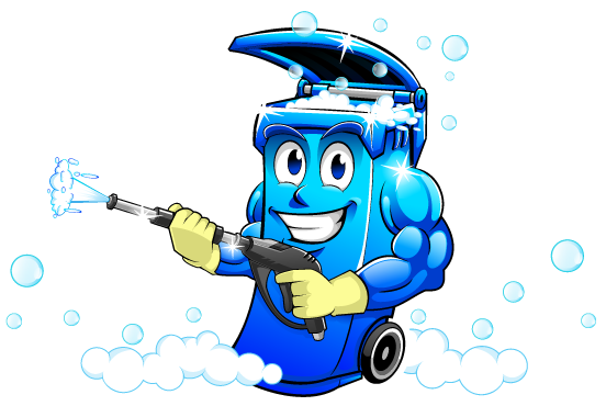 A cartoon illustration of a blue trash can holding a high pressure washer.