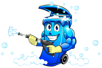 A cartoon illustration of a blue trash can holding a high pressure washer.