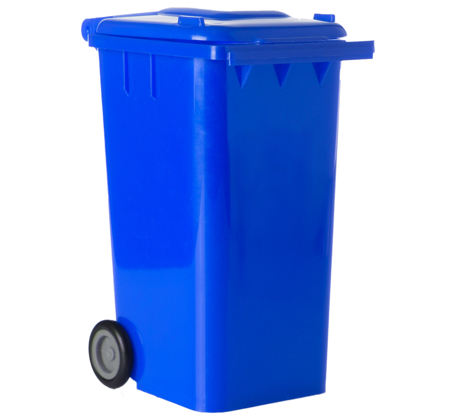 A blue trash can with wheels on a white background