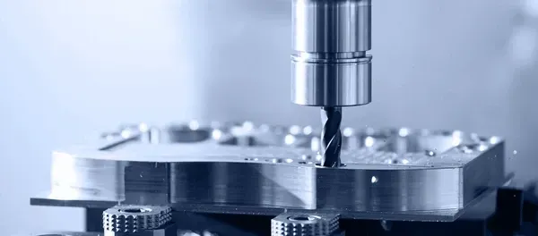 A CNC machine drilling a metal part in a manufacturing setting, with a blue tint.