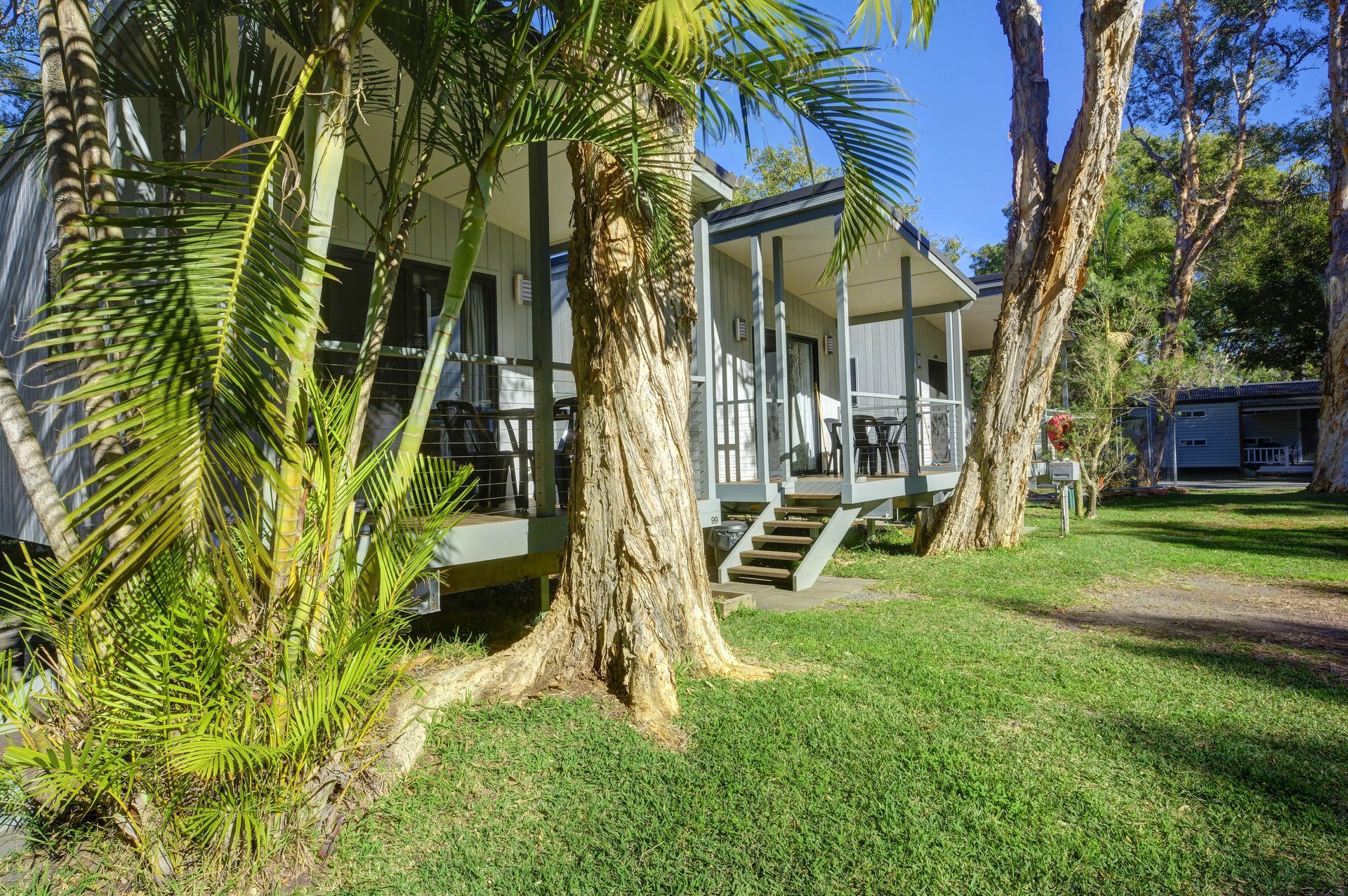 Row of gray cabins with porches and stairs, set in a grassy area with trees and palm fronds.— Pacific Palms Caravan Park in Elizabeth Beach, NSW
