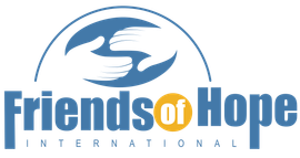 The logo for friends of hope international is blue and yellow