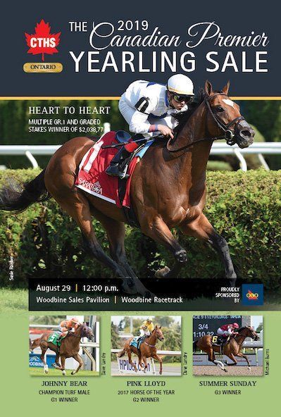 A poster for the canadian premier yearling sale with a horse and jockey on it.