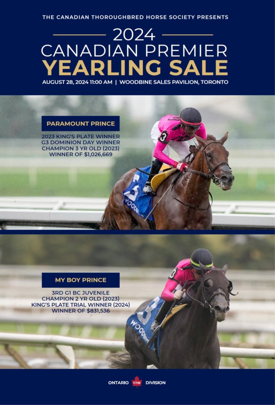 A poster for the canadian premier yearling sale shows two horses racing on a track.