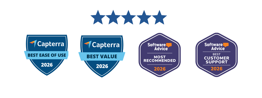 Five stars above four software award badges for Best Ease of Use, Best Value, Most Recommended, and Best Customer Support.