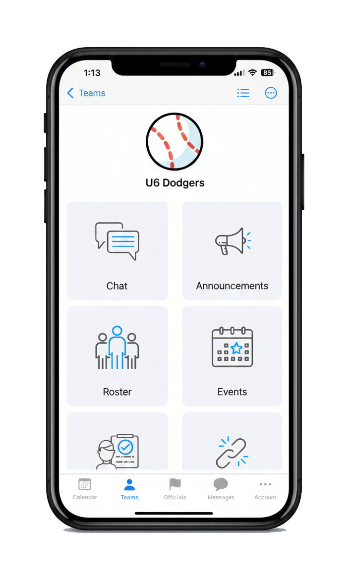 A smartwatch displaying team events next to a smartphone showing the TeamSideline app interface with team management icons.