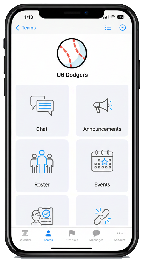 Mobile app screen showing team features: chat, announcements, roster, events, pages, and links.
