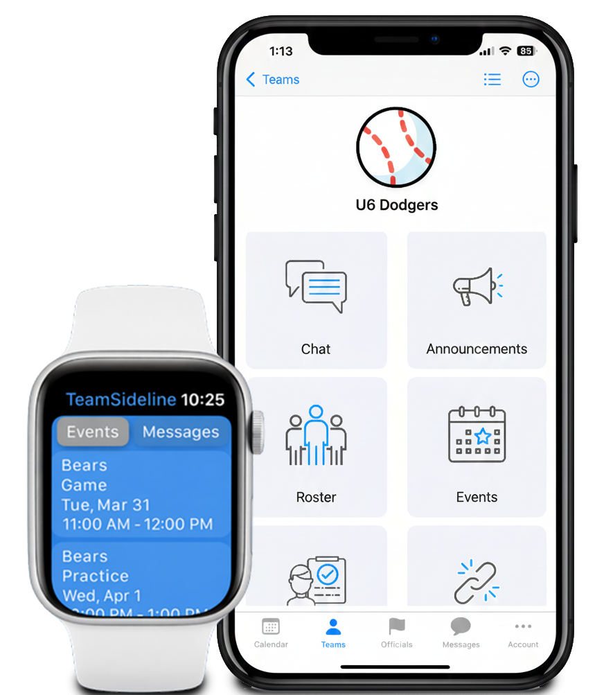 Mobile app screen showing team features: chat, announcements, roster, events, pages, and links.