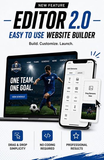 Promotional graphic for Editor 2.0 website builder with soccer theme, showing dashboard and mobile app mockup