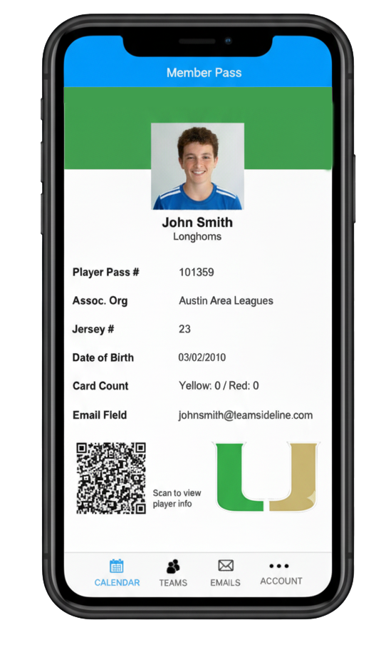 A smartphone screen displays a sports membership pass with photo, details, and QR code.