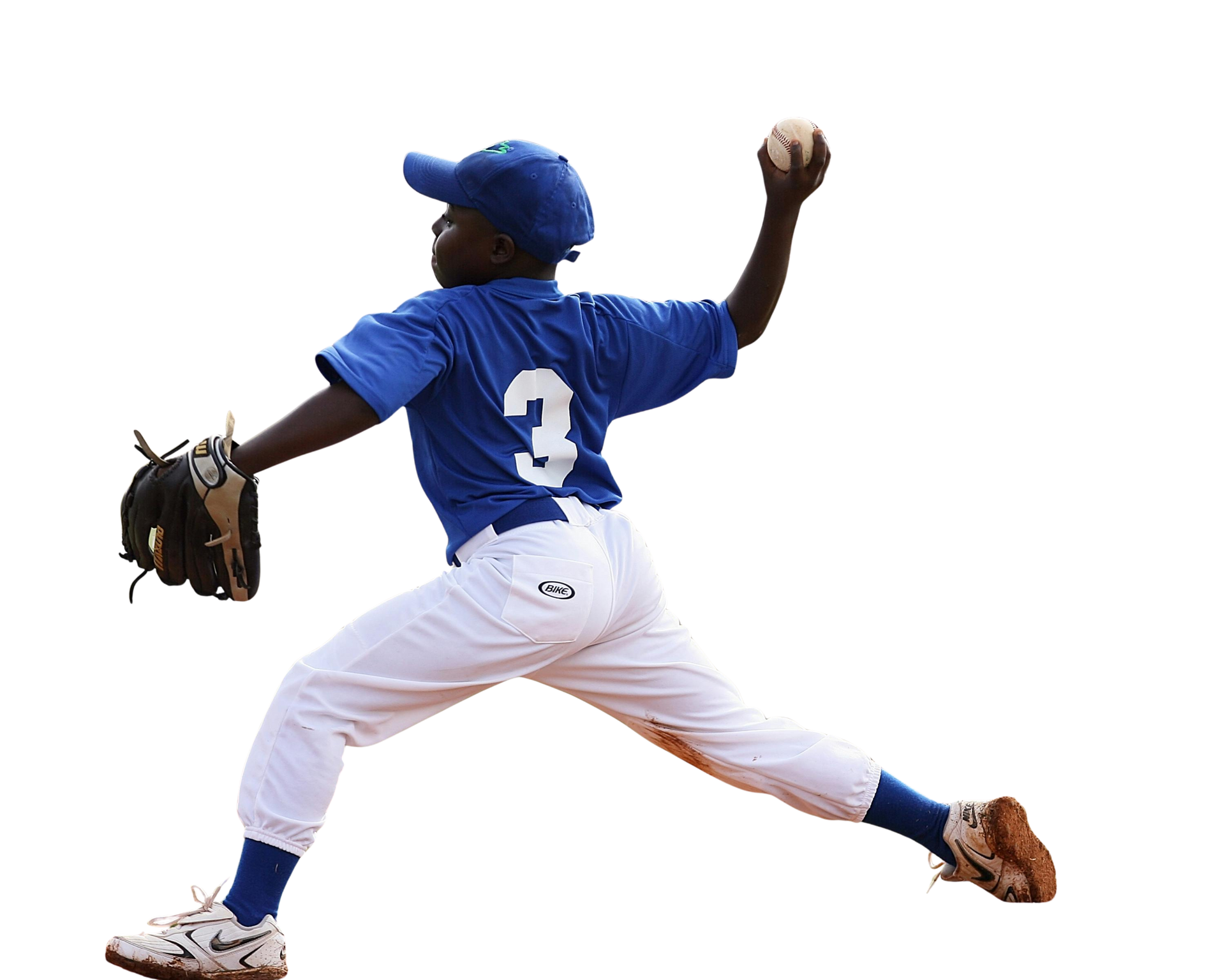 Boy in blue baseball uniform pitching a baseball.