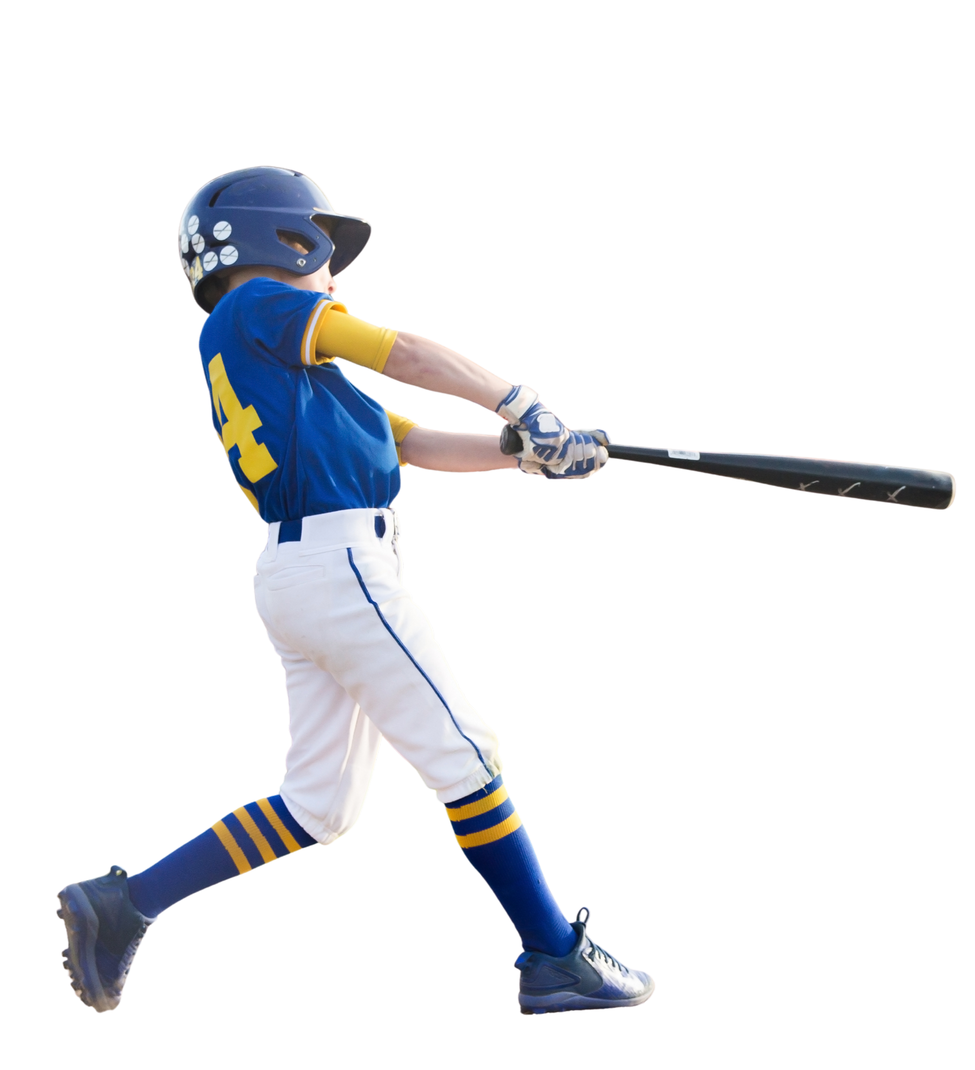 Baseball player swinging bat, wearing blue and gold uniform.