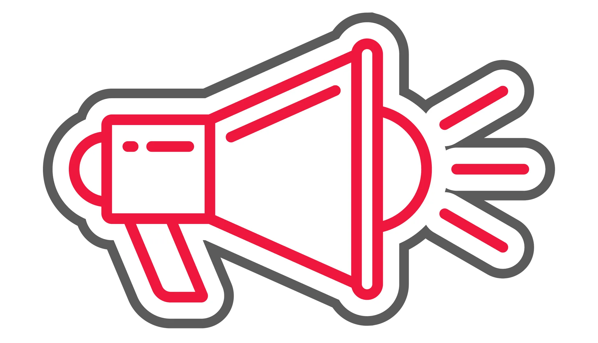Red megaphone icon, outlined in grey.